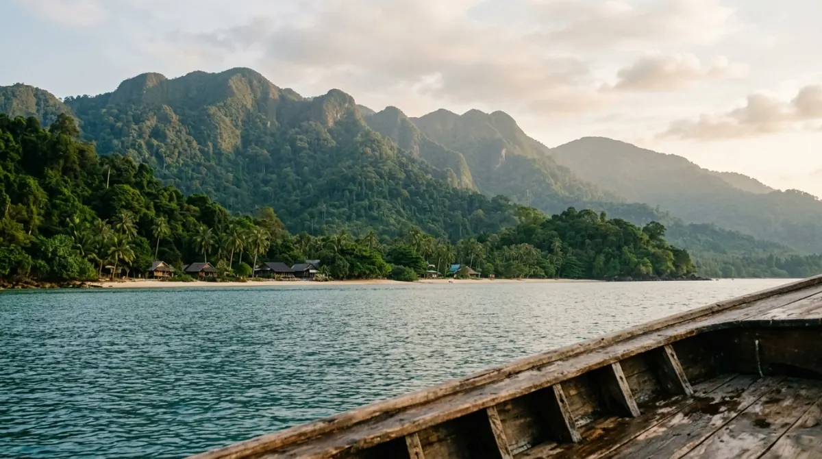 Forested island hills rising behind a calm bay in the eastern Gulf of Thailand
