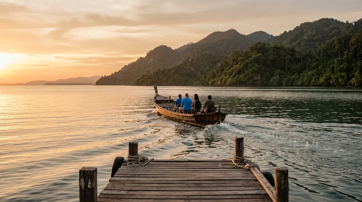 Boat leaving a tropical island at golden hour with hills behind