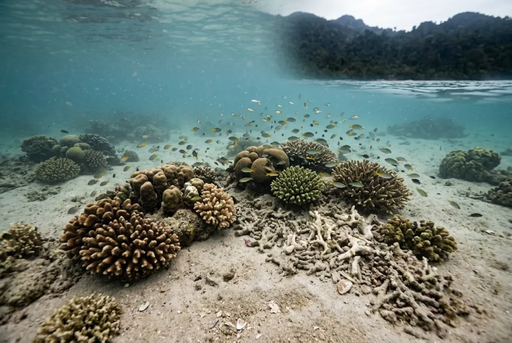 Underwater view of patchy hard coral with reef fish above sandy bottom