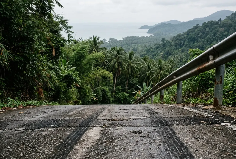 A steep descent on a narrow island road with a sharp bend