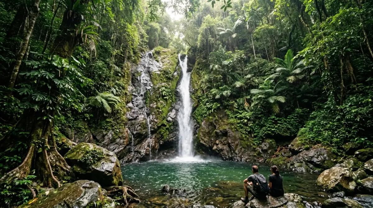 Jungle waterfall falling into a clear pool inside island rainforest